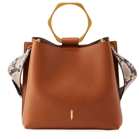 Thacker Brown Leather Bucket Bag with Snake Print Shoulder Strap - Picture 2 of 10